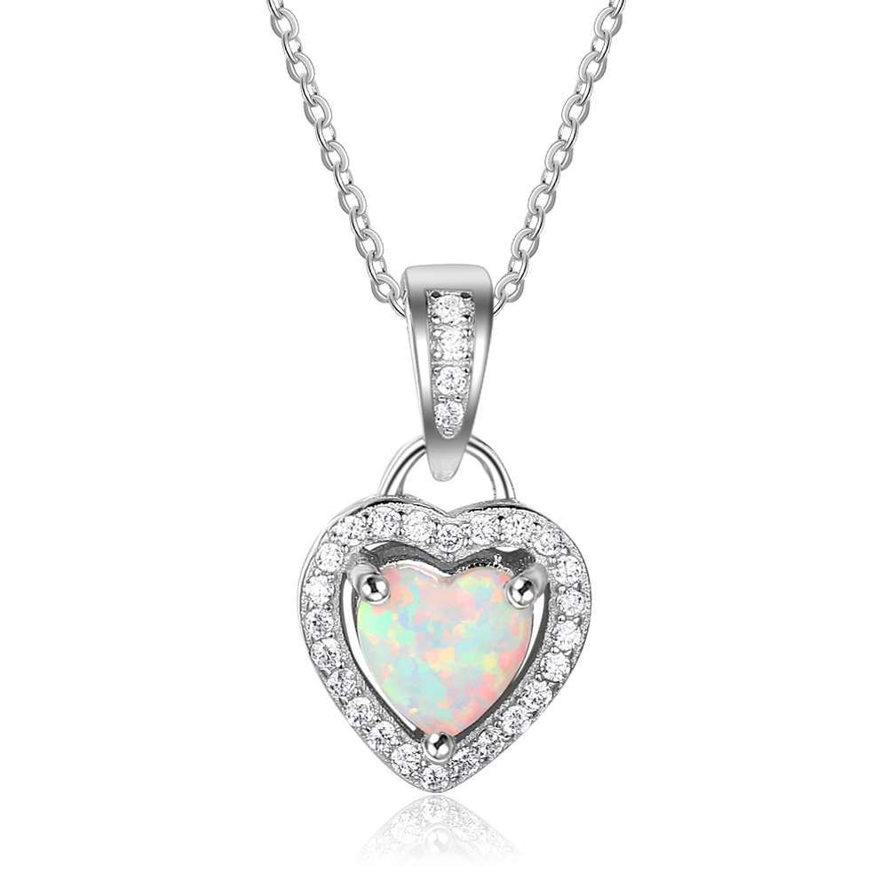 Sterling Silver Opal Heart Pendant Necklace