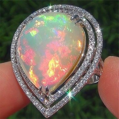 Teardrop Fire Opal Ring in 925 Sterling Silver |Multicolor Opal Statement Ring | Gift for Her | Bridal & Evening Jewelry