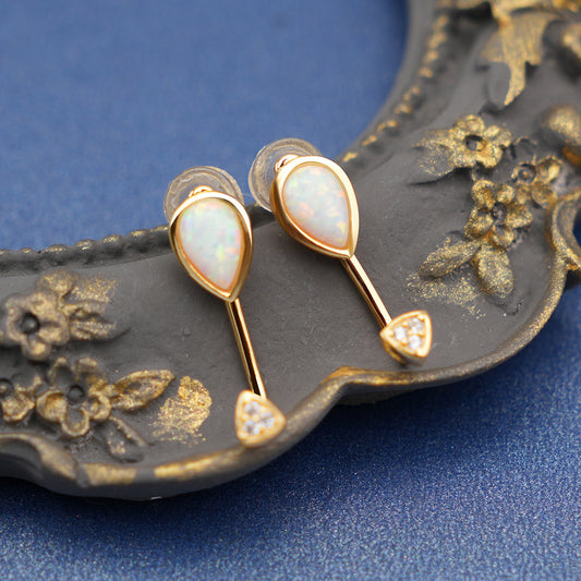 Pear Opal Drop Earrings 925 Sterling Silver Gold, White Fire Opal Dainty Stud Earrings, October Birthstone Gift for Her, Bridal Jewelry
