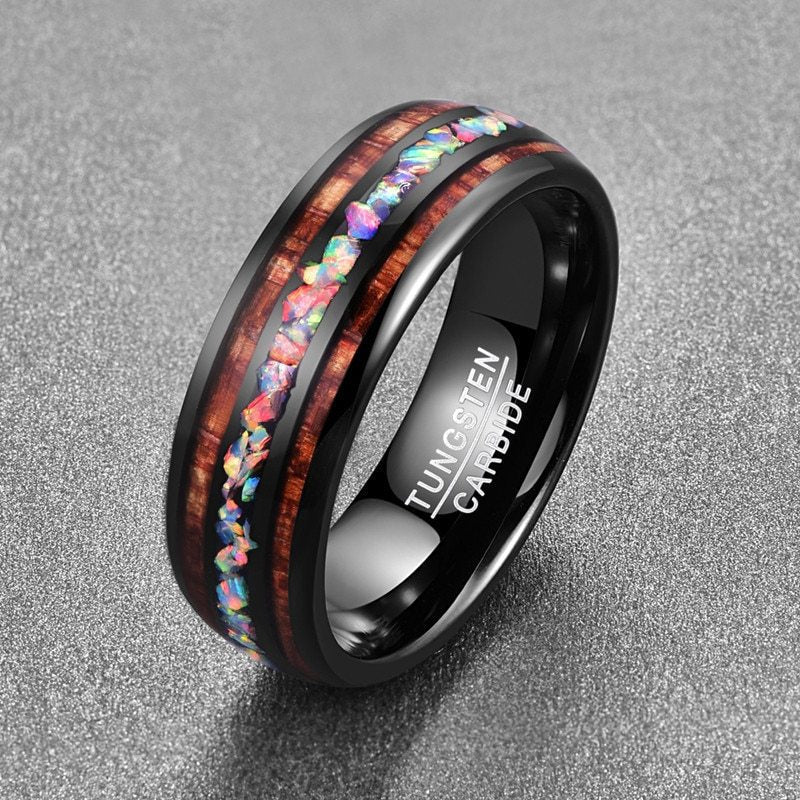 Black Acacia Wood Opal Tungsten Ring