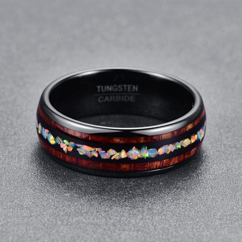 Black Acacia Wood Opal Tungsten Ring