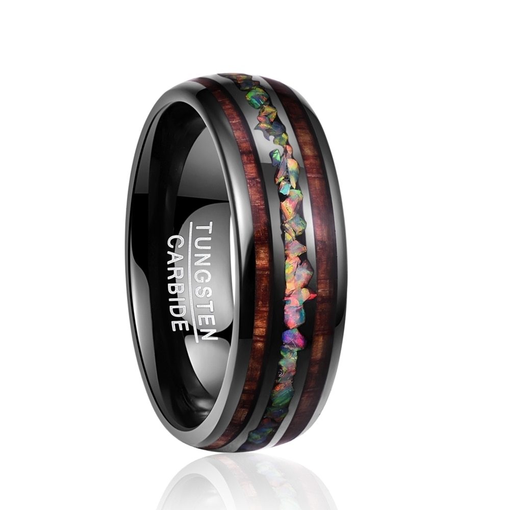 Black Acacia Wood Opal Tungsten Ring