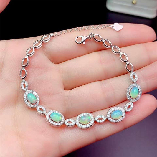 Sterling Silver Inlaid Oval Opal Bracelet | 4×6mm Natural Opal Jewelry | Elegant Style