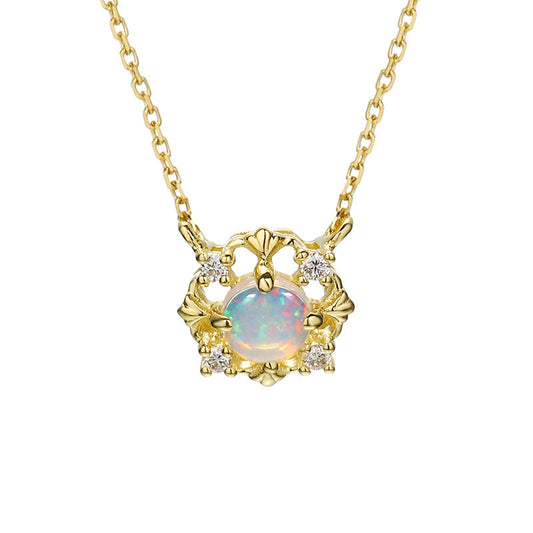 Vintage Round Opal Necklace Sterling Silver Gold Pendant, October Birthstone Gift for Her, Bridal Opal Jewelry, Anniversary Birthday Gift