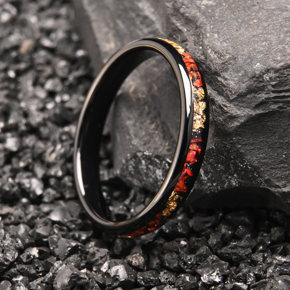Red Opal Inlay Tungsten Ring | Black Tungsten Wedding Band | Opal Statement Ring | Anniversary & Valentine Gift