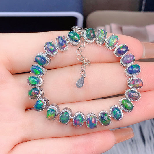 Natural Opal Tennis Bracelet 925 Sterling Silver - 4×6mm Oval Opal Bracelet