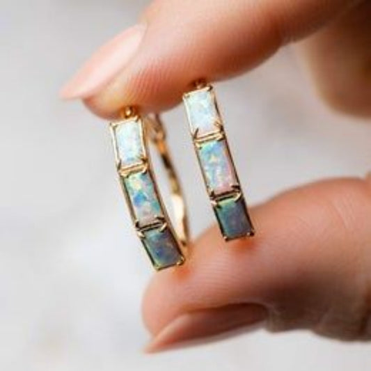 Baguette Opal Hoop Earrings, White Fire Opal Huggie Hoops, October Birthstone Gift for Her, Bridal Jewelry